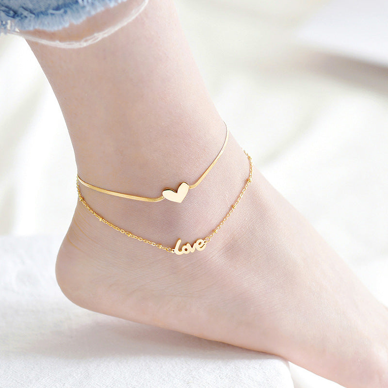 Tobillera de Monedas Minimalista de Doble Capa para Mujer en Acero de Titanio con Chapado en Oro de 18K, Diseño en Forma de Corazón