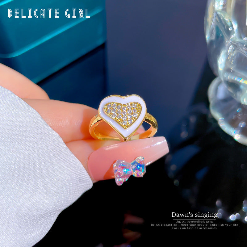 Minimalist Heart-Shaped Enamel Ring with Zircon Inlay Adjustable Opening Design for Women