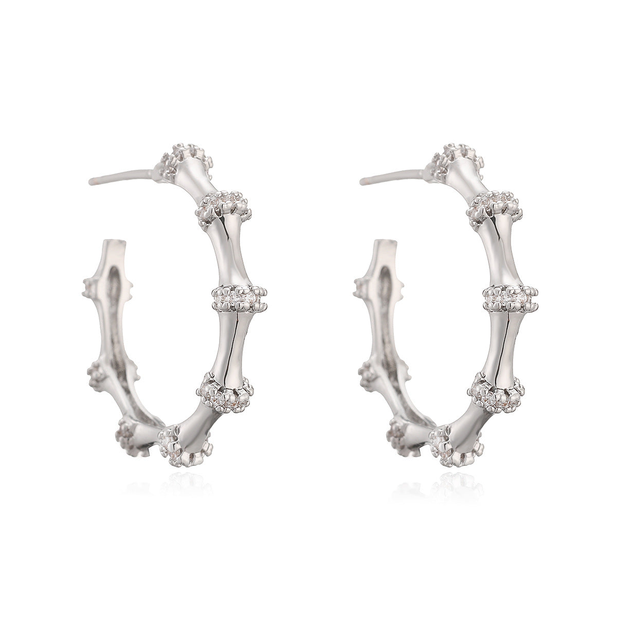 Luxury Elegant Geometric Gold Plated Brass C-Shape Bamboo Hoop Earrings with Cubic Zirconia for Women