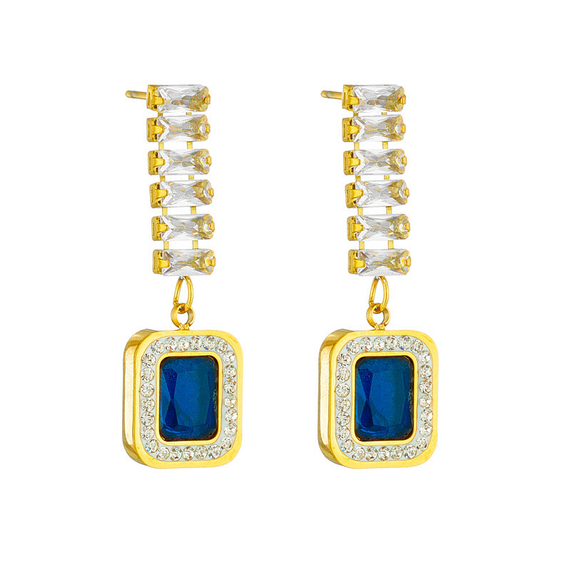 Fashionable Geometric Blue Sapphire Stud Earrings in Titanium Steel with Rhinestone Inlay and Plated Finish