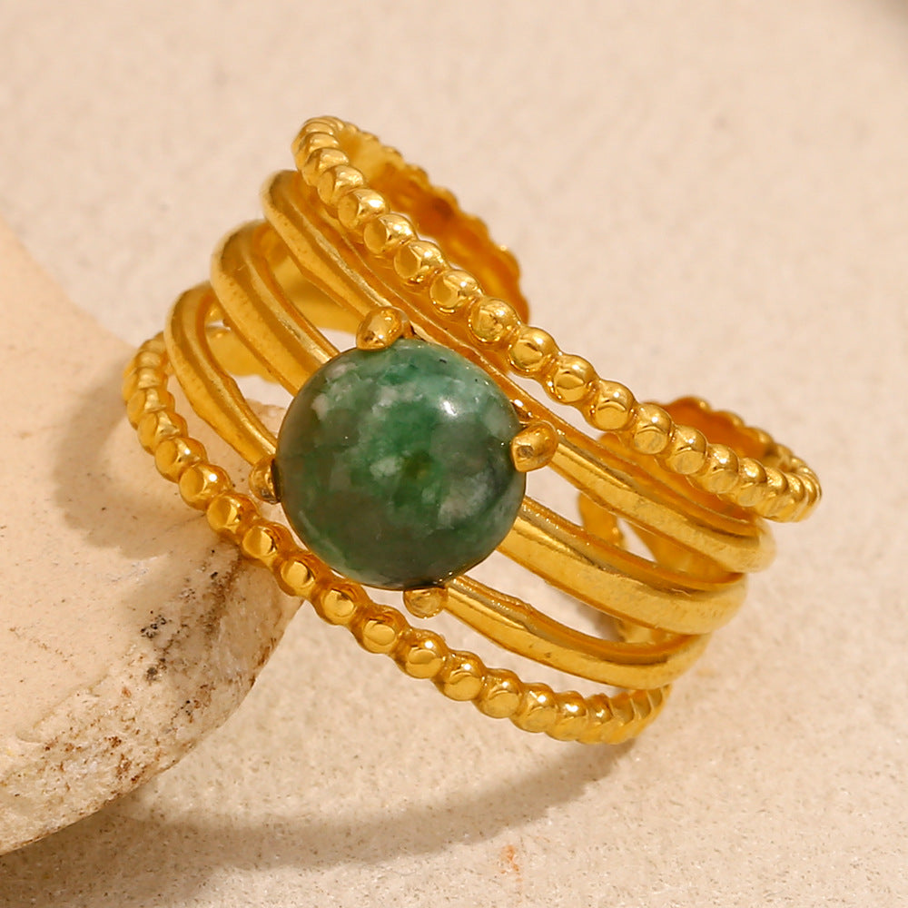 Vintage Style Geometric Stainless Steel Ring with 18K Gold Plating and Jade Stone Accent for Women