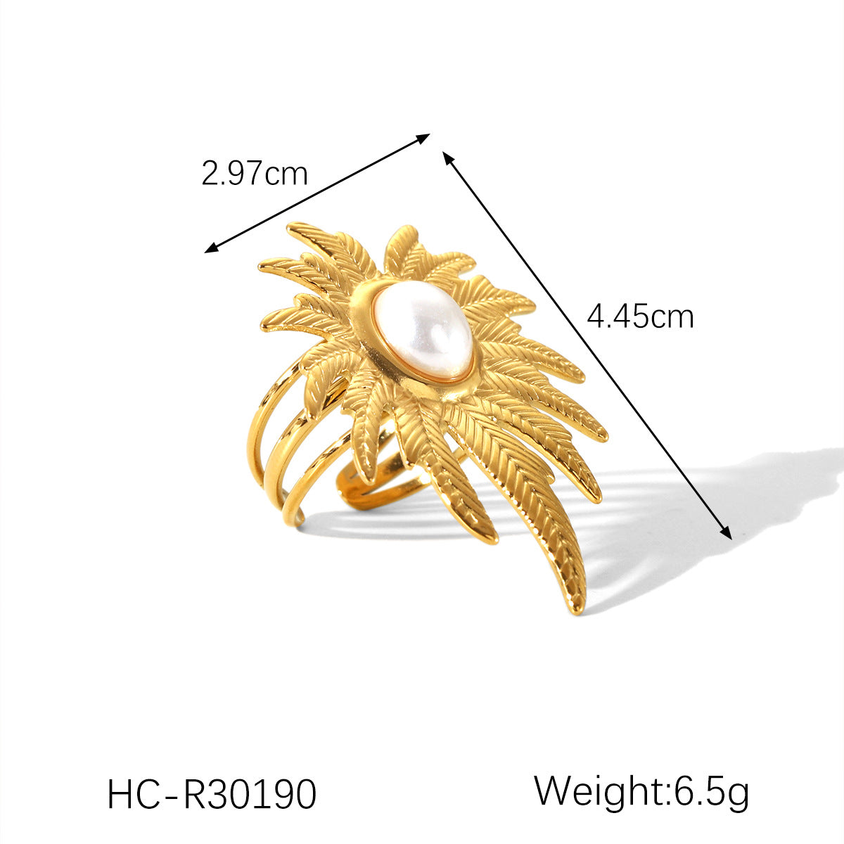 Ins Style Leaf Texture Stainless Steel Open Ring for Women with Pearl Accents