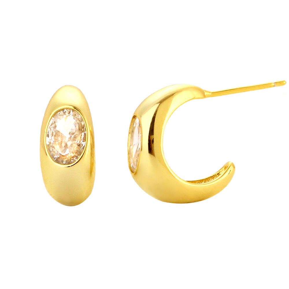 Minimalist Elegant 925 Sterling Silver Geometric Oval C-Shape Inlaid Diamond Earrings for Women