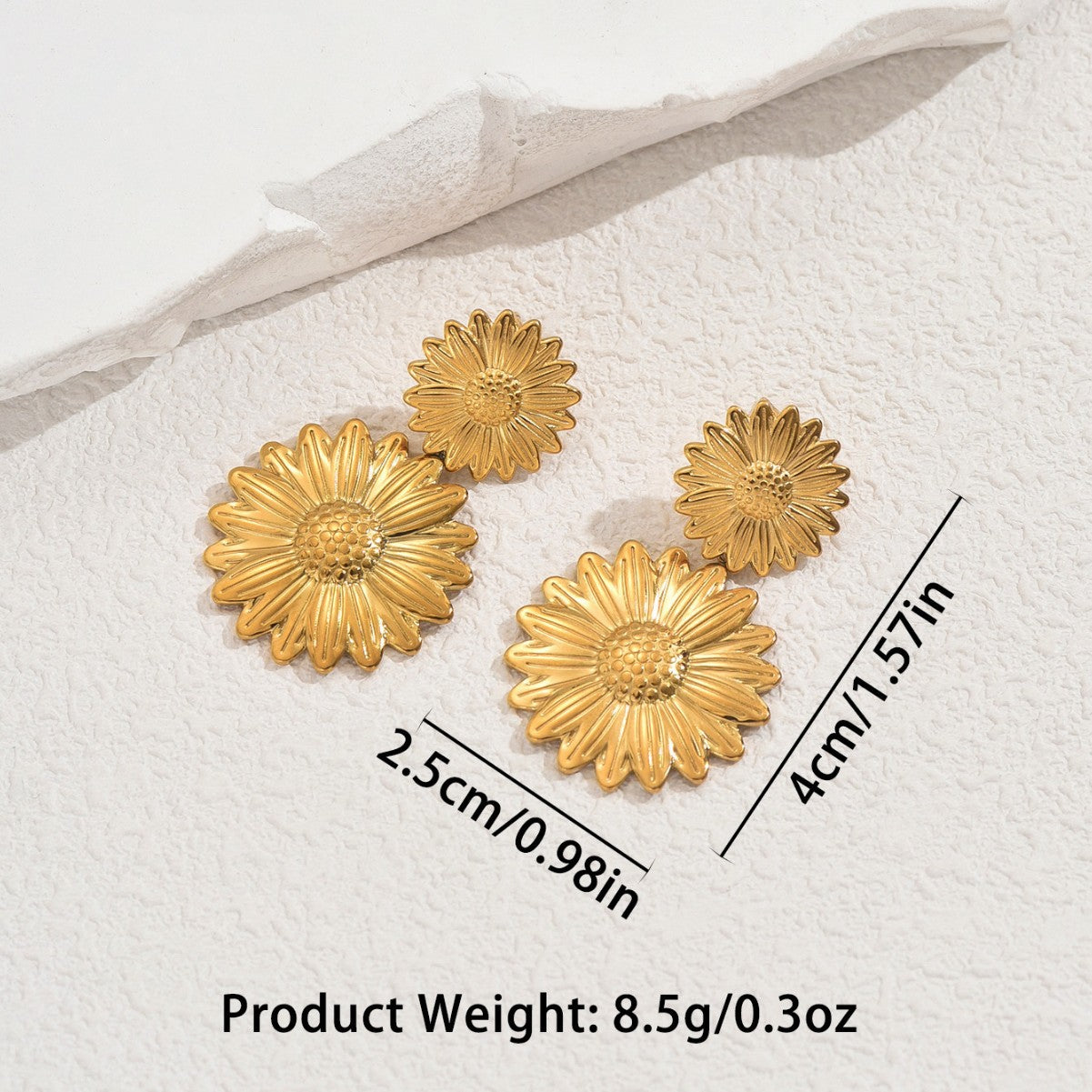 Pendientes de girasol de moda para mujer, pendientes de tuerca electrochapados de aleación de zinc con postes de acero inoxidable