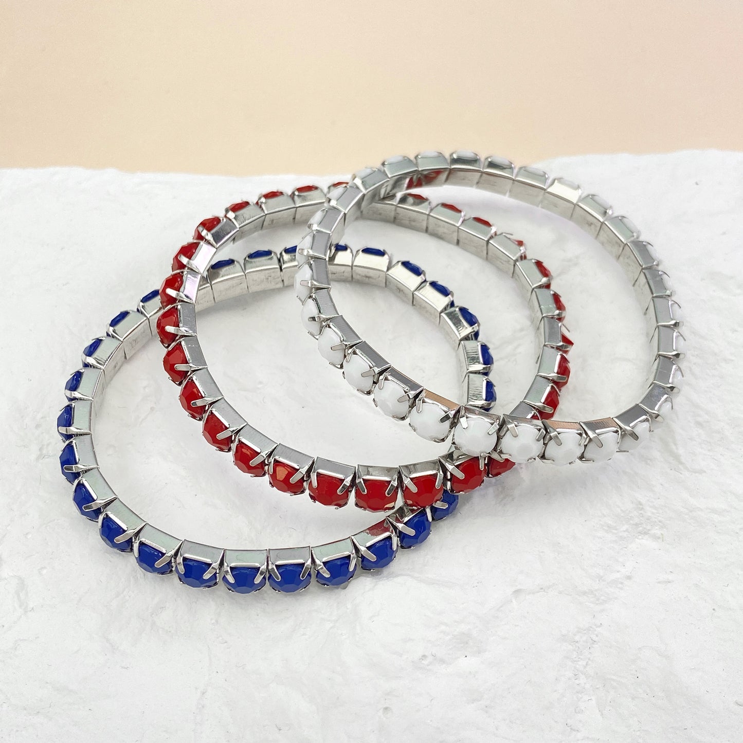 Red White Blue Brass Resin Inlay Stretch Bracelet Set