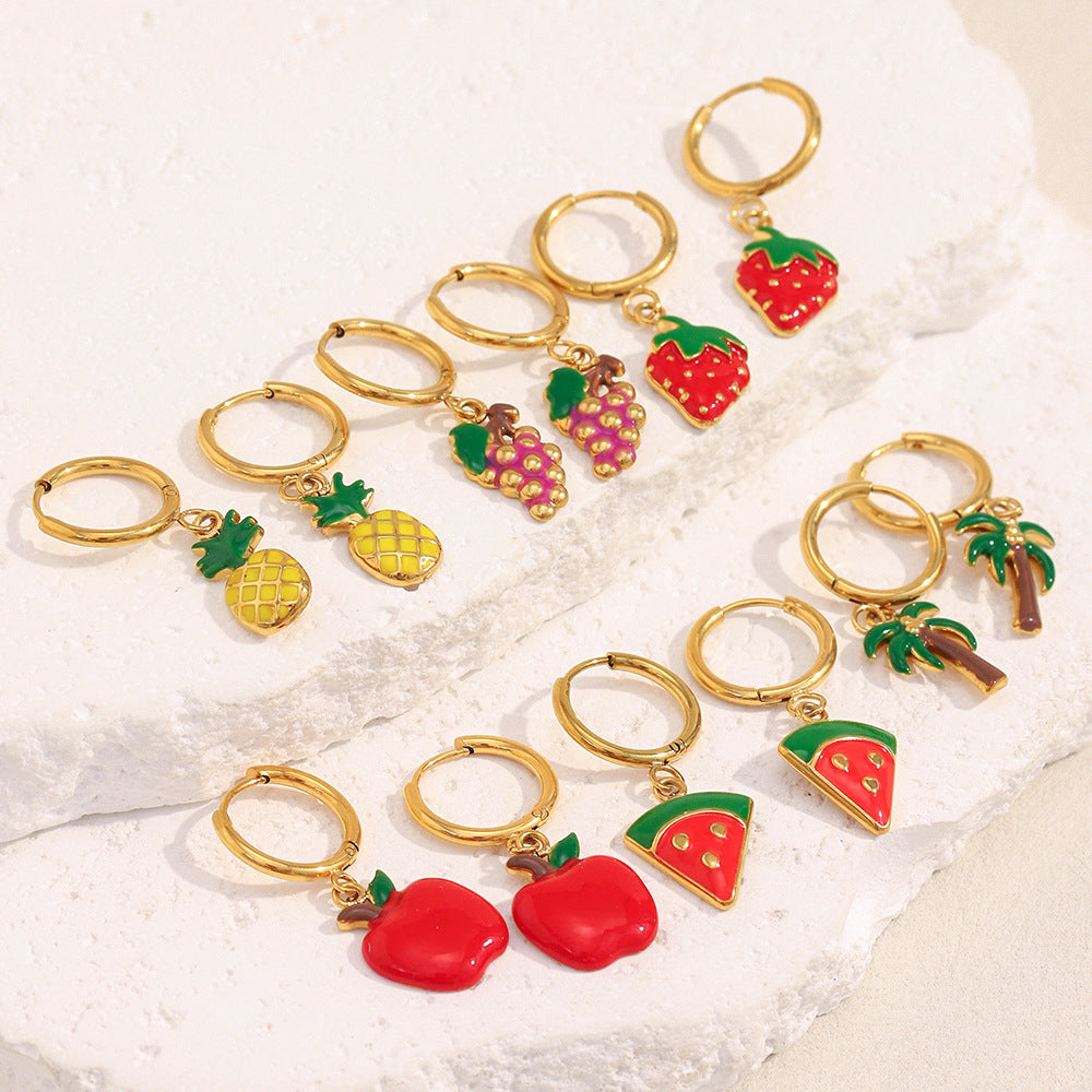 Orecchini da donna creativi in acciaio inossidabile a forma di frutta, placcati oro 18K e con smalto.