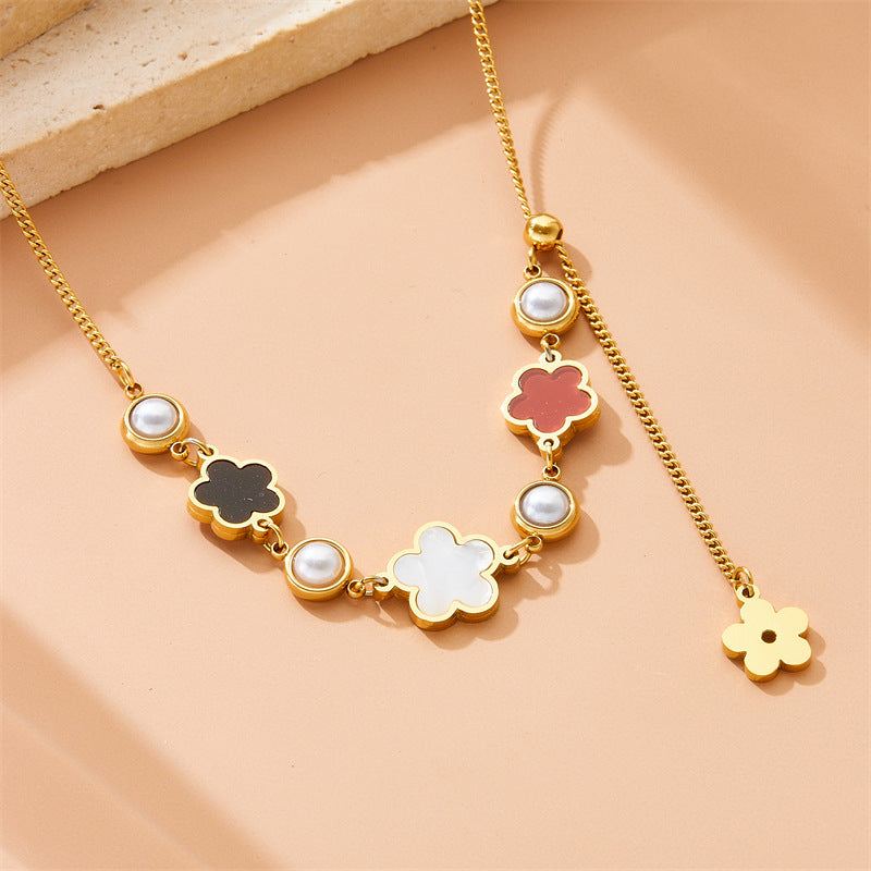 Fashion Office Stainless Steel Gold-plated Flower Pendant Necklace with Long Tassel Chain