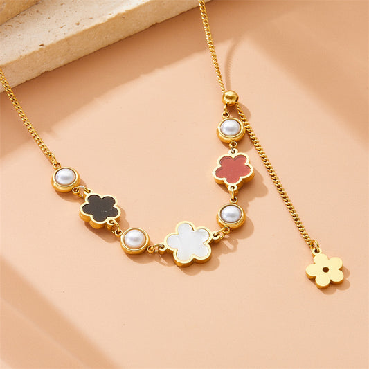 Fashion Office Stainless Steel Gold-plated Flower Pendant Necklace with Long Tassel Chain