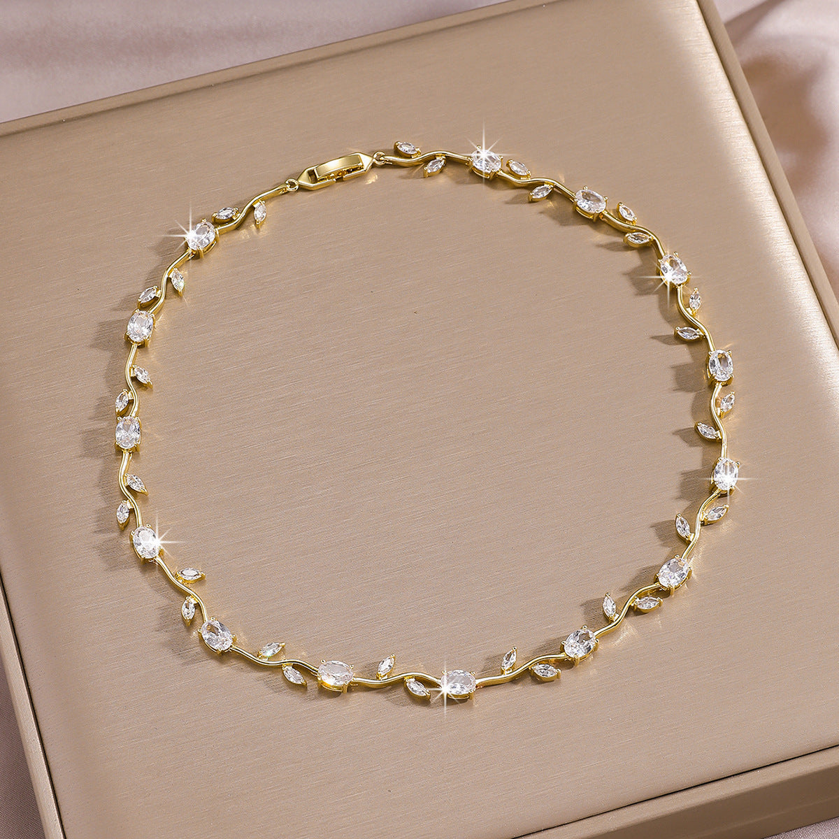 Luxury Gold Plated Brass Leaf Bracelet with Cubic Zirconia Inlay Unisex Floral Design