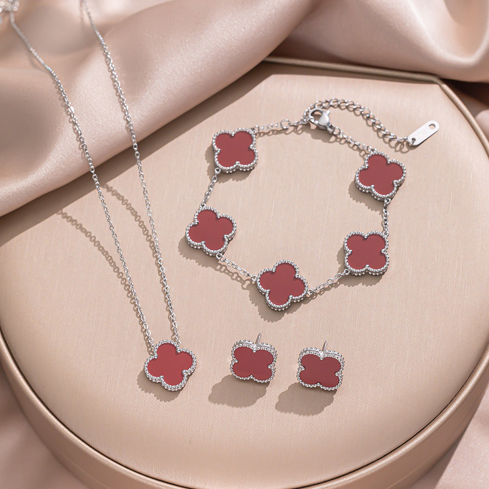 Minimalist Clover-Shaped Titanium Steel Necklace Set with Matching Bracelet and Earrings for Women