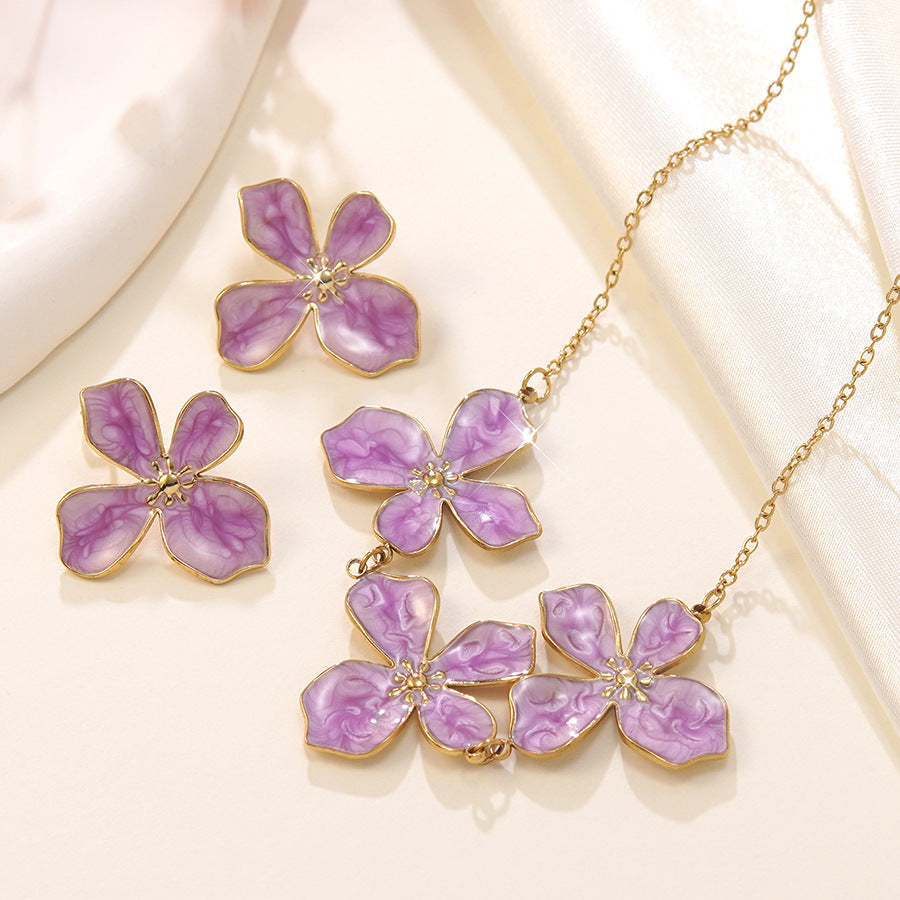 Vintage Sweet Drip Oil Floral Stainless Steel Necklace and Earring Set for Women