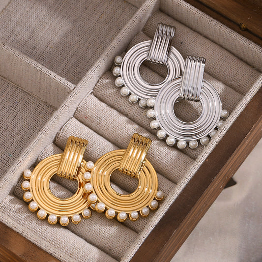 Pendientes de Aro de Acero Inoxidable para Mujer Estilo Vintage con Baño de Oro de 18K y Perlas Simuladas