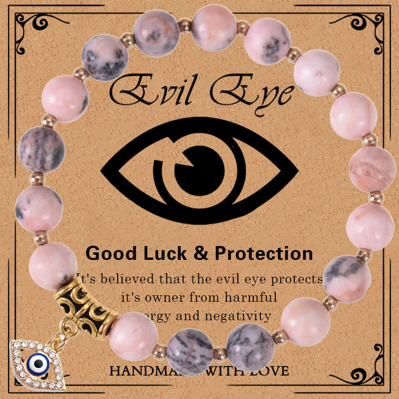 Minimalist Elegant 8mm Pink Zebra Stone Evil Eye Bracelet Unisex Fashion Jewelry Gift