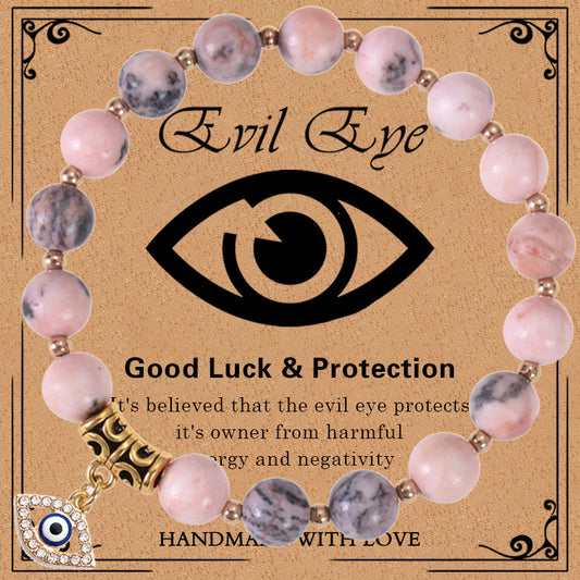 Minimalist Elegant 8mm Pink Zebra Stone Evil Eye Bracelet Unisex Fashion Jewelry Gift