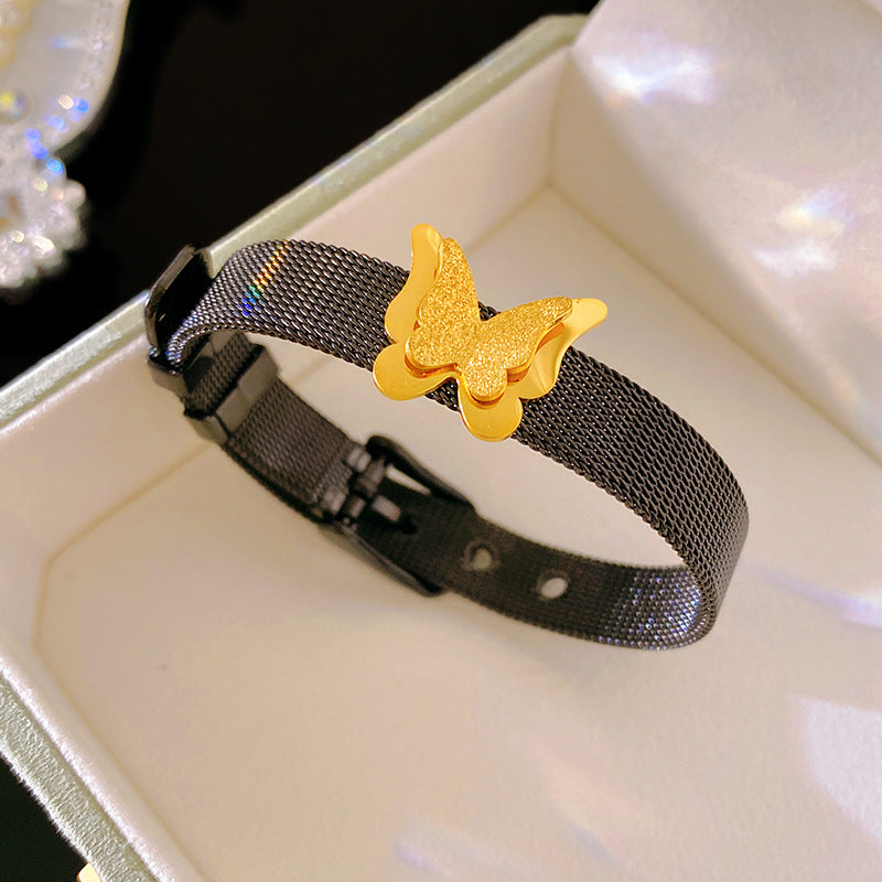 Vintage Matte Butterfly Watch Band Bracelet Titanium Steel Plated Jewelry