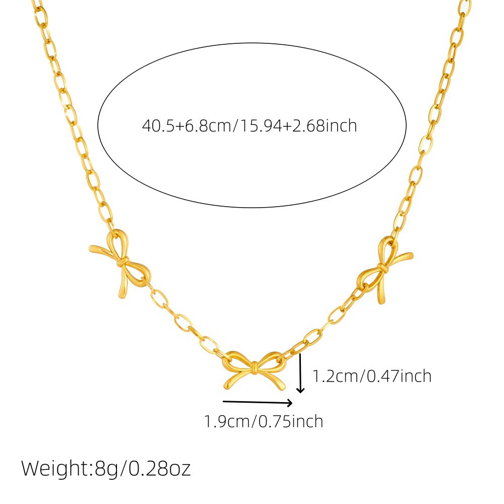 Punk Vintage Gold Plated Stainless Steel Curb Chain Necklace with Bow Knot Pendant