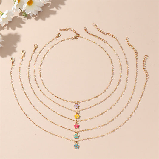 Minimalist Flower-Shaped Alloy Necklace Set for Children with Cross Chain Design