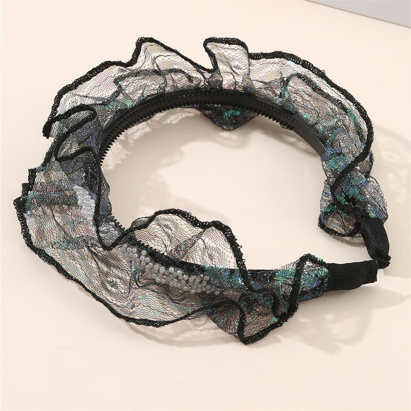 Diadema Vintage de Tul Negro Ondulado para Niñas con Ribete de Encaje y Construcción de Tela Antideslizante