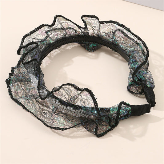 Vintage Wave-Shaped Black Tulle Hairband for Girls with Lace Trim and Non-Slip Fabric Construction