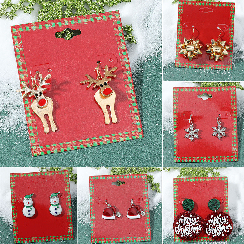 Pendientes de Navidad geométricos estilo Ins para mujer con esmalte de copo de nieve, reno y cascabel.