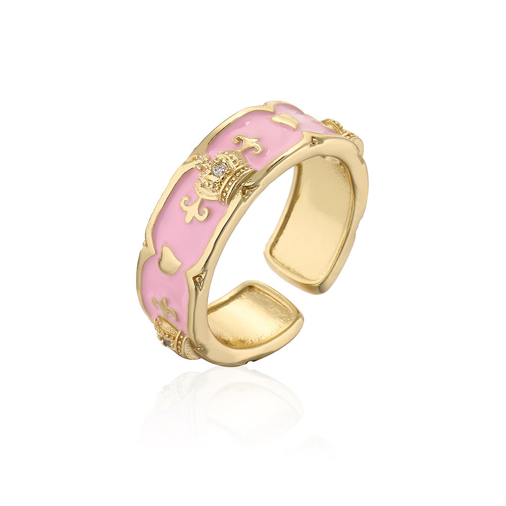 Minimalist Geometric Copper Ring with 18K Gold Plating, Enamel Crown Design and Zircon Inlay for Women