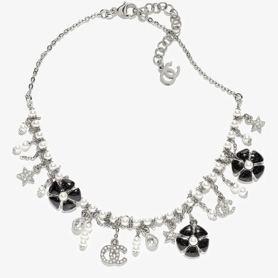 Sweet Black Enamel Floral Double C Letter Brass Pendant Necklace for Women