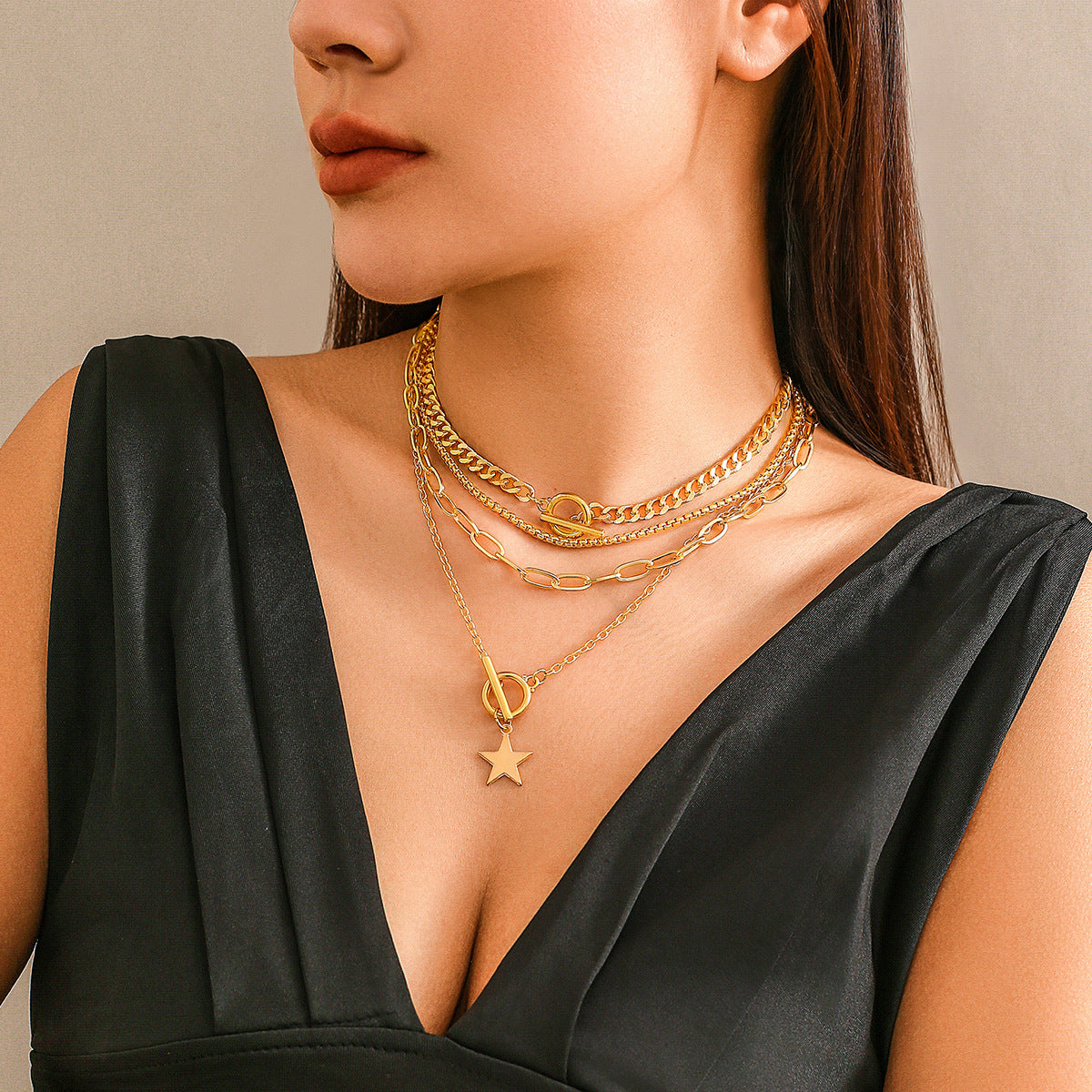 Punk Minimalist Star Alloy Plated Curb Chain Layered Necklace for Women
