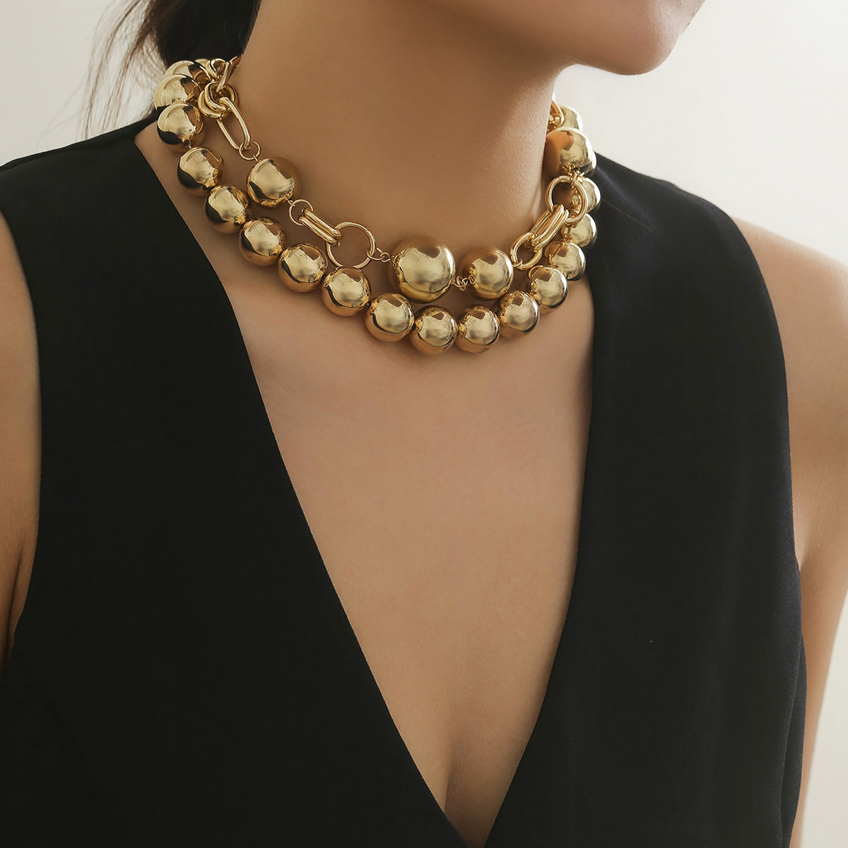 Punk Geometric Round Alloy Plated Ball Chain Layered Necklace for Women