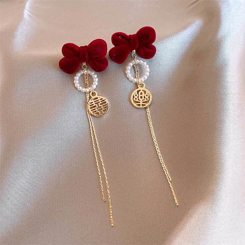 Elegant Geometric Dangle Stud Earrings for Women with Red Tassels, Alloy Base and Gold Plated Finish