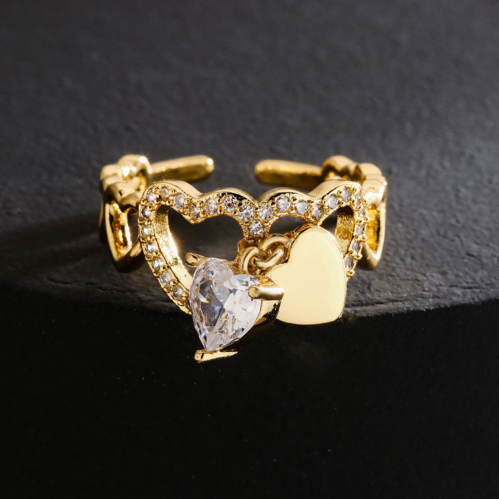 Anello aperto geometrico irregolare da donna in rame con placcatura in oro 18 carati, intarsio in zircone e accento in perla