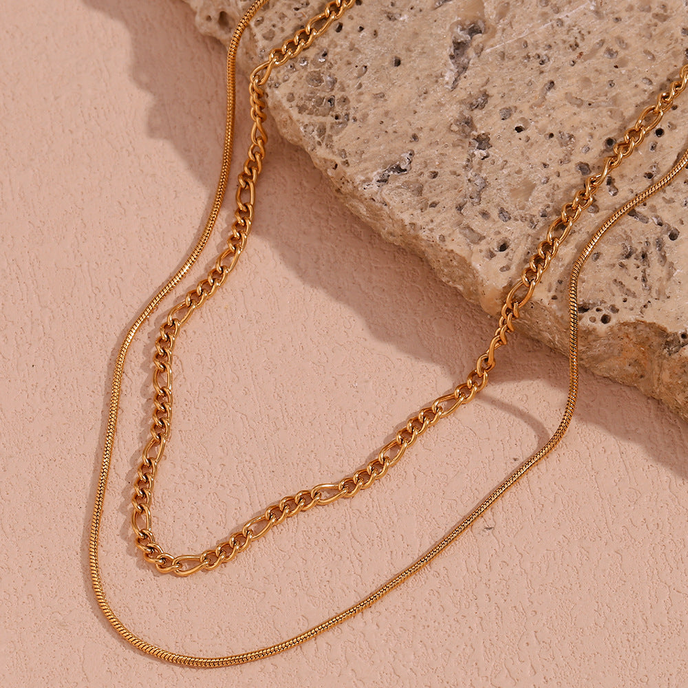 Minimalist Geometric Stainless Steel Plated 18K Gold Double-Layer Figaro Chain Necklace for Women