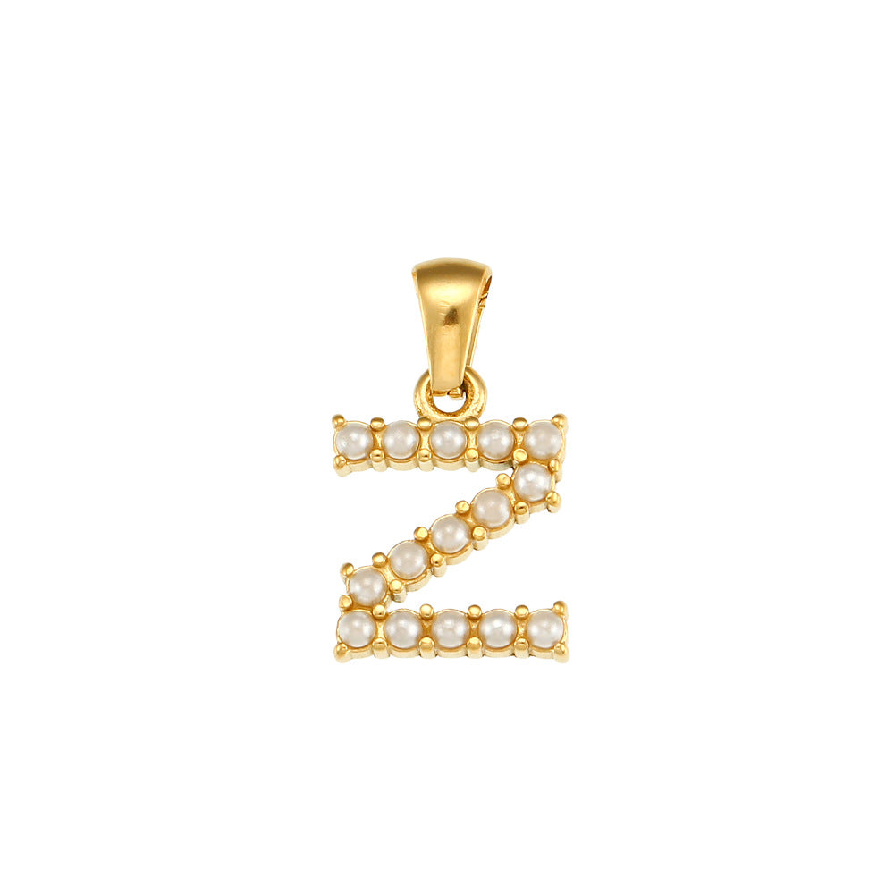 Minimalist Letter Pendant Necklace Stainless Steel with 18K Gold Plating Micro-Pave Zirconia and Pearl Accents