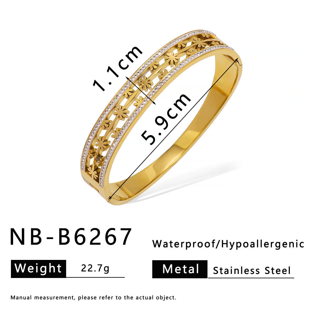 Vintage Geometric Stainless Steel Hollow Bracelet with Rhinestone Inlay and 18K Gold Plating