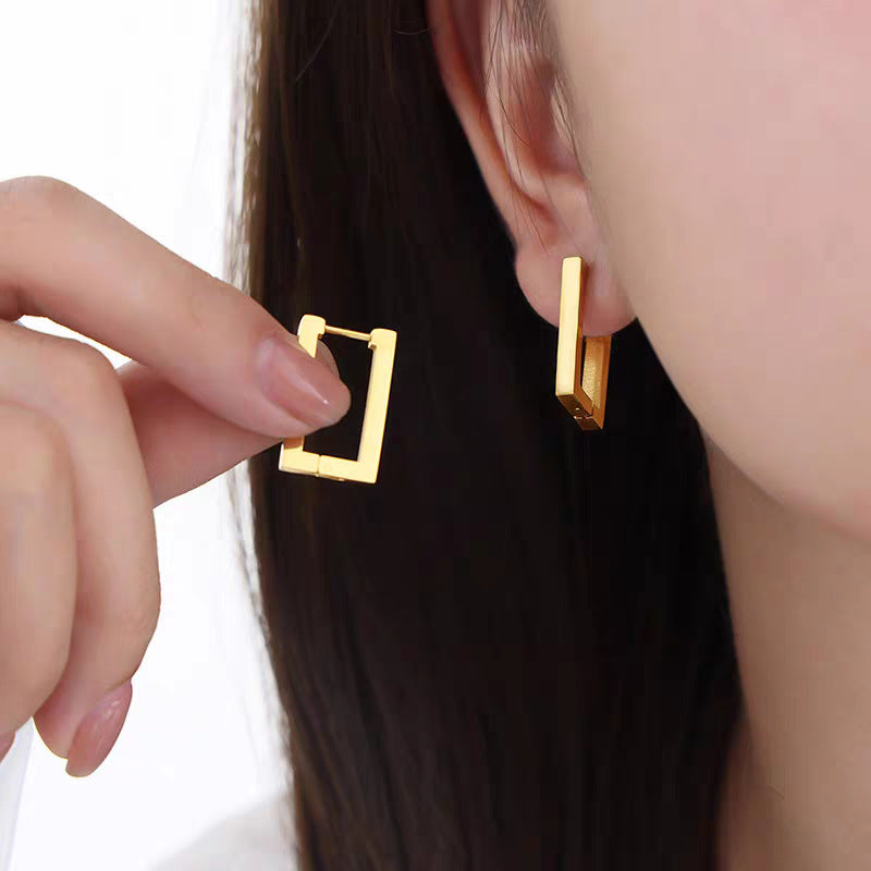Orecchini a perno geometrici minimalisti in acciaio inossidabile placcato oro con quadrati e rettangoli, per donna, con estetica "fredda" e look raffinato
