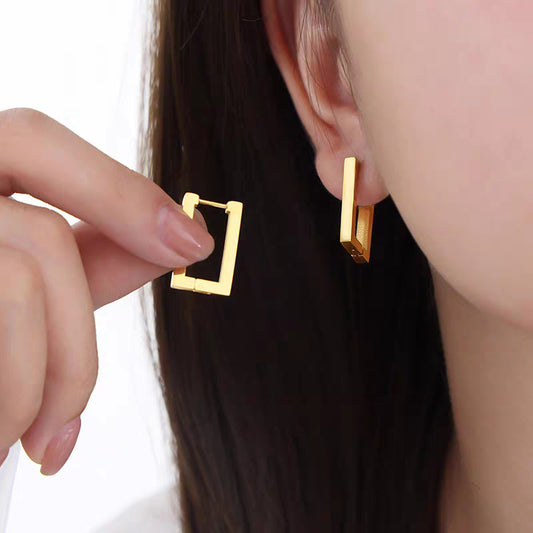 Minimalist Geometric Stainless Steel Gold-Plated Square and Rectangle Ear Studs for Women with Cold Aesthetic and Elevated Look