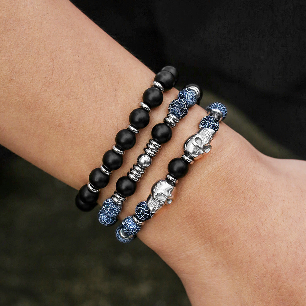 Vintage Hip-hop Sporty Geometric Round Stainless Steel Agate Beaded Bracelet for Men and Women