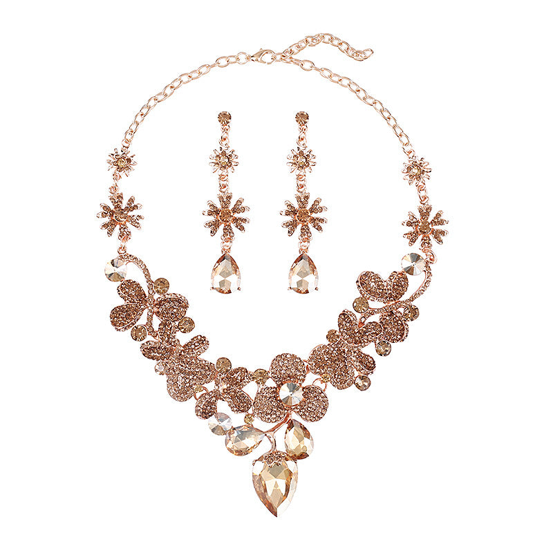 Vintage Leaf-Shaped Alloy Necklace Set with Rhinestone Inlay and Gold Plating for Women Formal Evening Wear