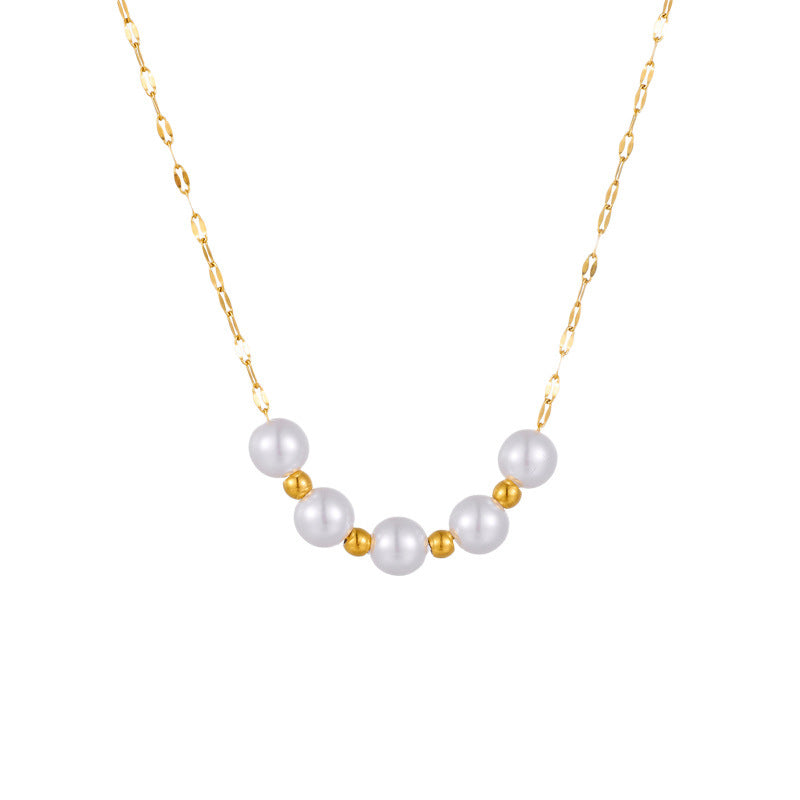 Vintage Luxury Geometric Round Stainless Steel Plated Necklace with Pearl Pendant for Women