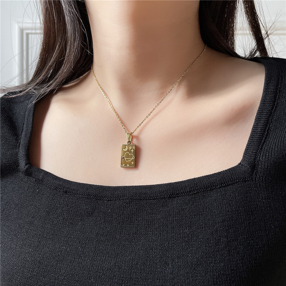 Minimalist Luxury Geometric Tarot Carved Pendant Titanium Steel Necklace Cable Chain