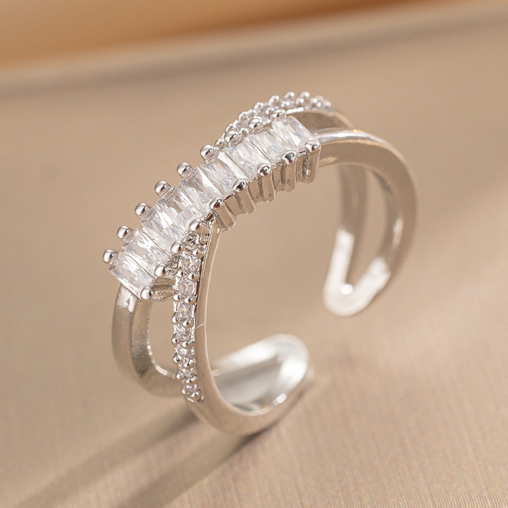 Luxury Minimalist Adjustable Open Ring for Women with Gold-Plated Copper Band and Zircon Stone Accent in Heart and Floral Shape