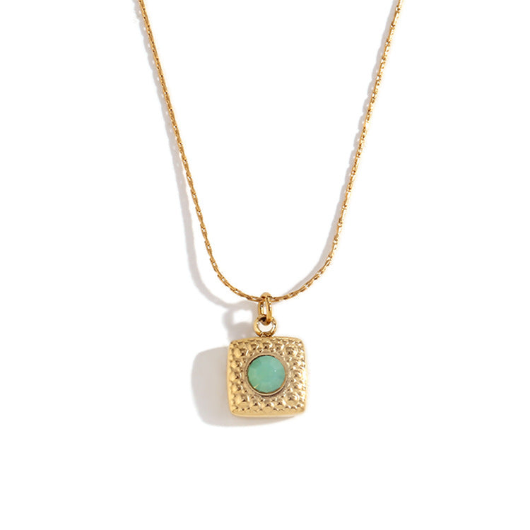 Minimalist Square Scale-Texture Green Stone Pendant Necklace for Women in Stainless Steel with 18K Gold Plating