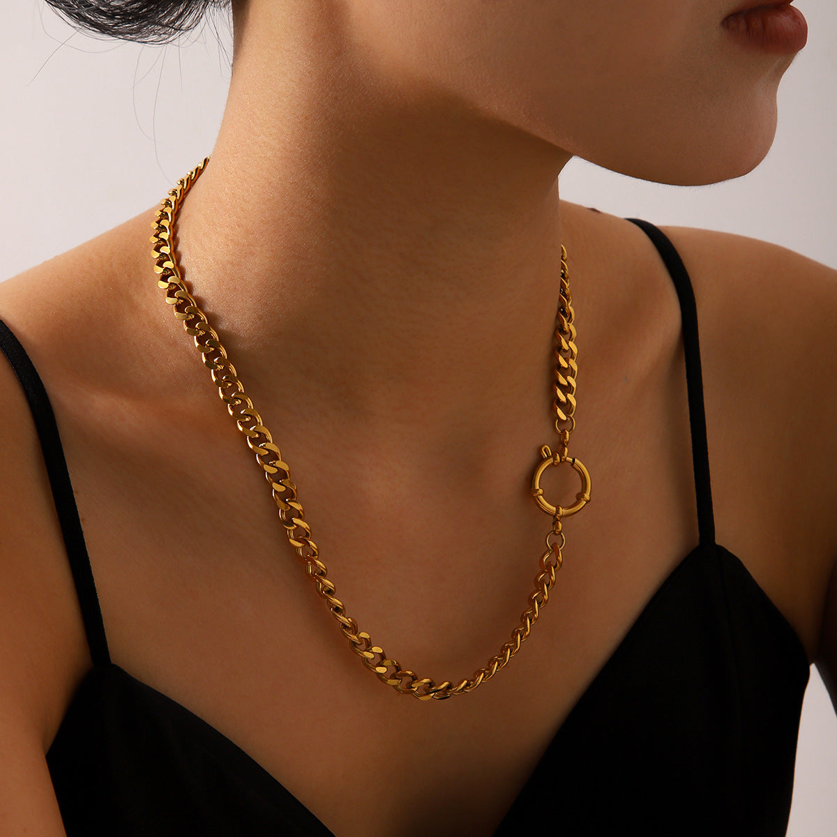 Ins Style Hip Hop Geometric Cuban Chain Necklace in Stainless Steel with 18K Gold Plating for Women