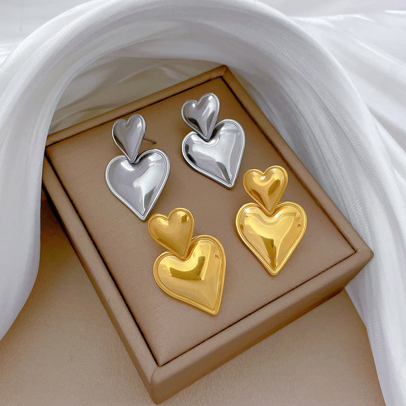 Minimalist Geometric Double Heart Titanium Steel Stud Earrings with Plating Finish for Women