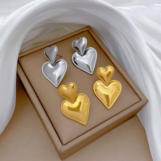Minimalist Geometric Double Heart Titanium Steel Stud Earrings with Plating Finish for Women