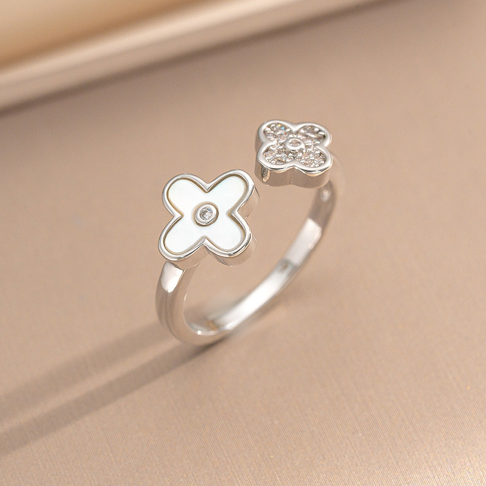 Luxury Minimalist Adjustable Open Ring for Women with Gold-Plated Copper Band and Zircon Stone Accent in Heart and Floral Shape