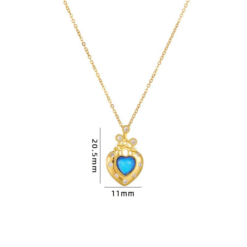 Collar con colgante de corazón de castillo geométrico minimalista para mujer en acero de titanio con chapado al vacío e incrustaciones de diamantes de imitación