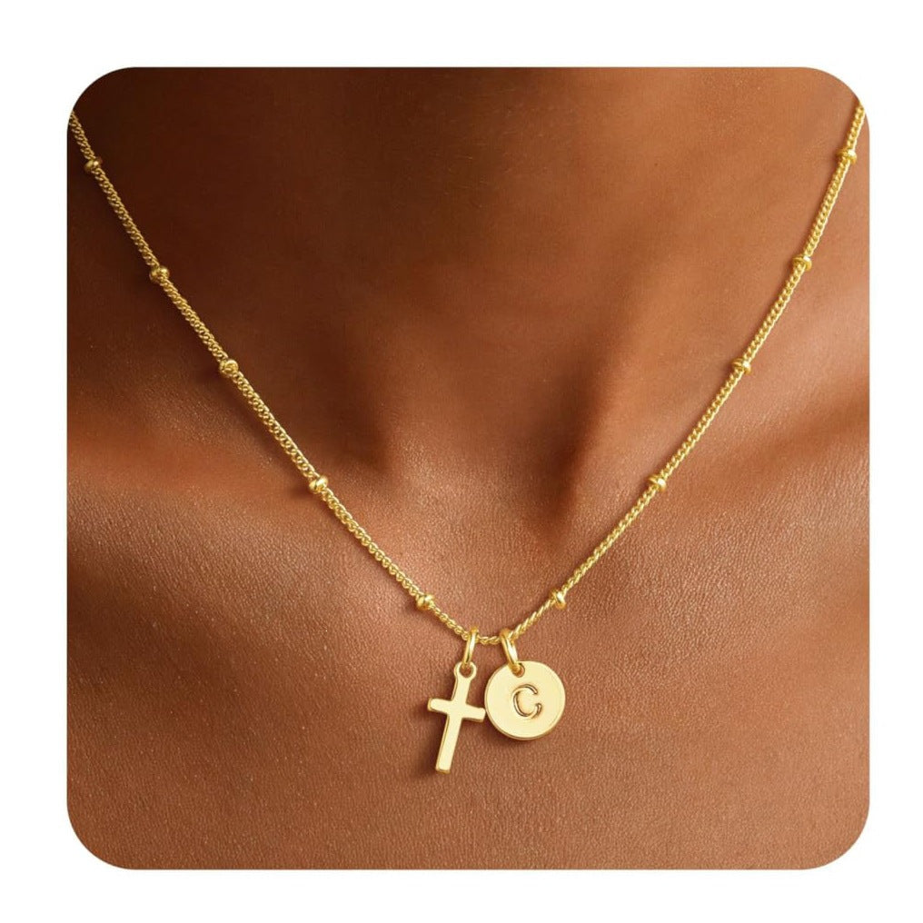 Luxury Elegant Stainless Steel Plated Cross Letter Pendant Necklace Ball Chain Women's Jewelry