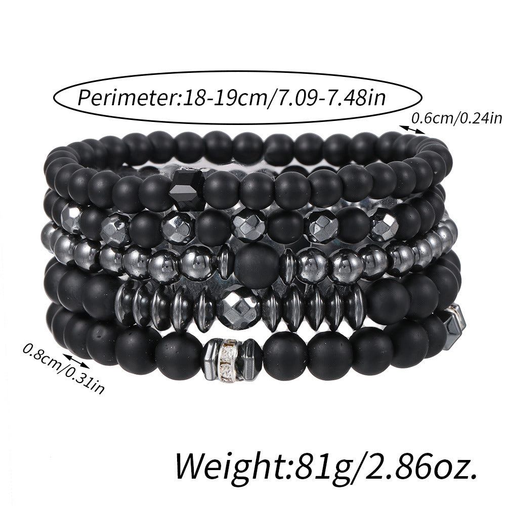 Matte Black Hematite Beaded Bracelet Set Geometric Round 6/8mm 5-Piece Unisex