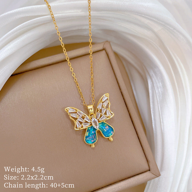 Minimalist Blue Bow Titanium Steel Necklace and Earrings Set with Rhinestone Inlay for Women
