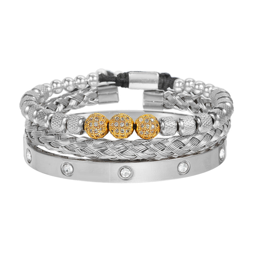 Geometric Round Stainless Steel Plated Bracelet Set with Cubic Zirconia Beads and Roman Numerals for Men and Women